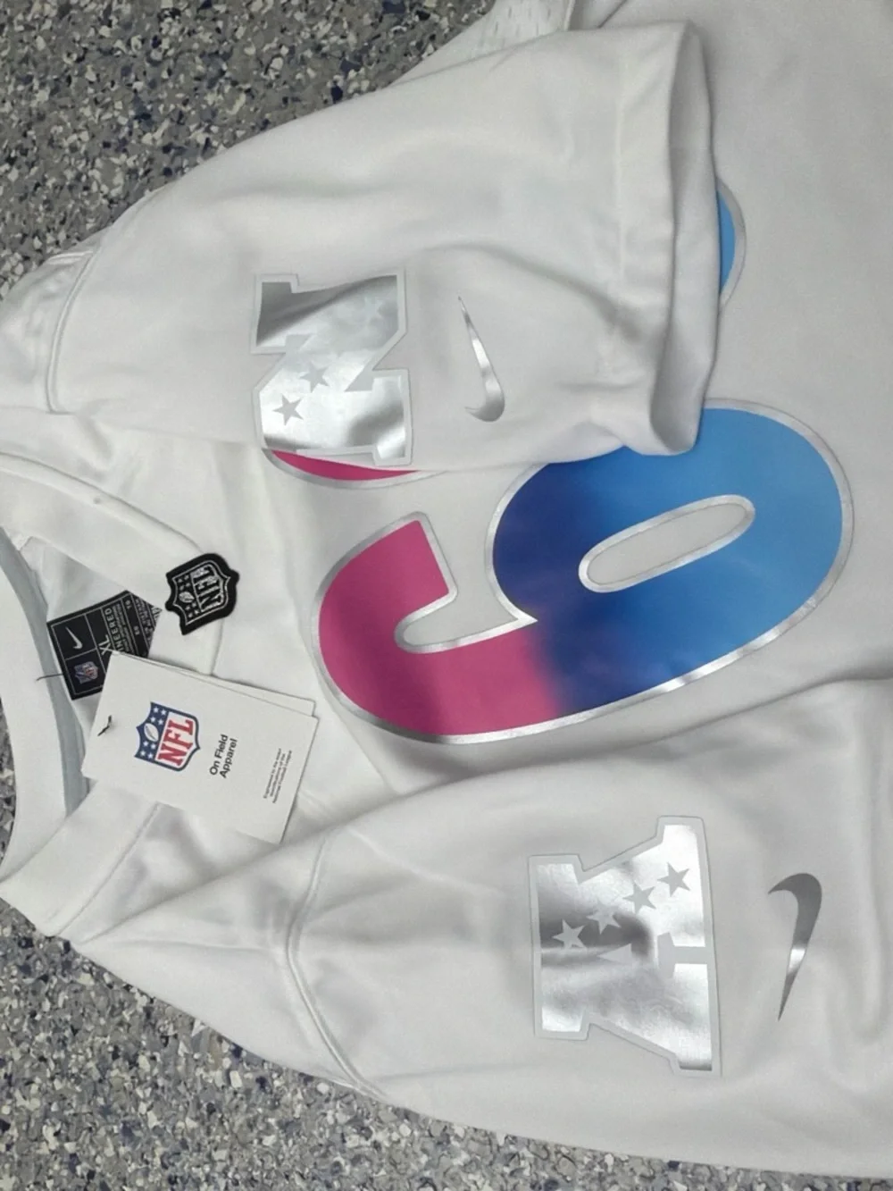 Nike White NFL Super Bowl Tribute Jersey with Pink-to-Blue Gradient 60